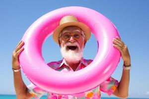 ai generiert ein glücklich alt Mann halten Rosa Gummi Ring auf das Strand mit generativ ai foto