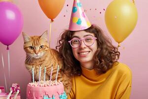 ai generiert ein Frau feiern ihr Katze Geburtstag mit generativ ai foto