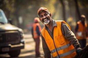 ai generiert ein männlich Straße Kehrmaschine Arbeiter lächelnd Bokeh Stil Hintergrund mit generativ ai foto
