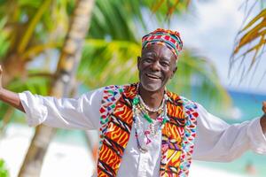 ai generiert afrikanisch Mann im das traditionell Kleider Tanzen auf das Strand Bokeh Stil Hintergrund mit generativ ai foto
