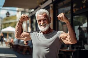 ai generiert ein Alten Mann Show seine Muskel im das draussen Bokeh Stil Hintergrund mit generativ ai foto