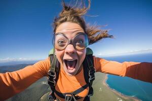 ai generiert ein Frau tun Selfie während Solo Fallschirmspringen mit generiert ai foto