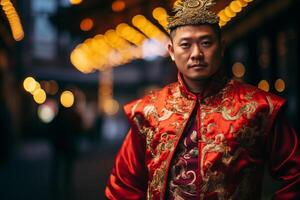 ai generiert Chinesisch Bräutigam im traditionell Hochzeit Kleid Bokeh Stil Hintergrund mit generativ ai foto