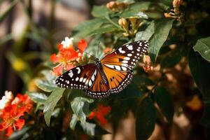 ai generiert Gelb Schmetterling Sitzung auf Grün Pflanze Blätter Bokeh Stil Hintergrund mit generiert ai foto