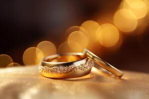 ai generiert schließen oben von zwei Gold Hochzeit Ringe Bokeh Stil Hintergrund mit generiert ai foto