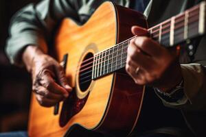 ai generiert schließen oben von Hände spielen ein akustisch Gitarre Bokeh Stil Hintergrund mit generiert ai foto