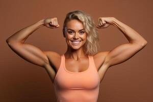 ai generiert Fitness Mädchen Show ihr Muskeln mit generiert ai foto