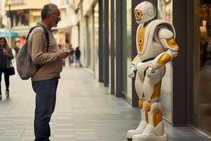 ai generiert ein Mann reden mit Roboter Bokeh Stil Hintergrund mit generativ ai foto