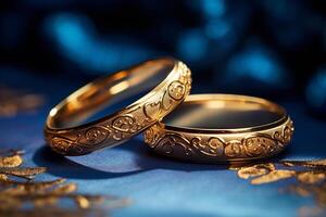 ai generiert schließen oben von zwei Gold Hochzeit Ringe auf Blau Hintergrund Bokeh Stil Hintergrund mit generiert ai foto