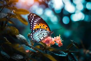 ai generiert Blau und Gelb Schmetterling Sitzung auf Grün Pflanze Blätter Bokeh Stil Hintergrund mit generiert ai foto