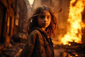 ai generiert ein jung Mädchen Stehen im Vorderseite von ein Verbrennung Gebäude Bokeh Stil Hintergrund mit generativ ai foto