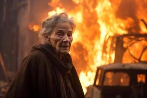 ai generiert ein alt Frau Stehen im Vorderseite von ein Verbrennung Gebäude Bokeh Stil Hintergrund mit generativ ai foto