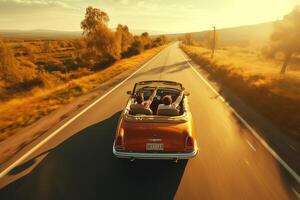 ai generiert zurück Aussicht von glücklich Paar Fahren entlang Land Straße im Cabrio Wagen. Straße Reise, reisen, Urlaub foto