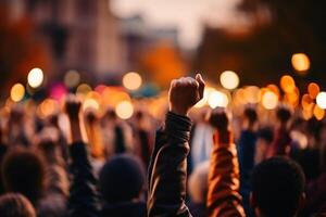 ai generiert ein Gruppe von Menschen erziehen ihr Faust wie ein Symbol von Protest mit Bokeh Hintergrund. ai generiert foto