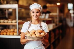 ai generiert ein freundlich Bäckerei Verkäuferin Übergabe aus Waren. ai generiert foto