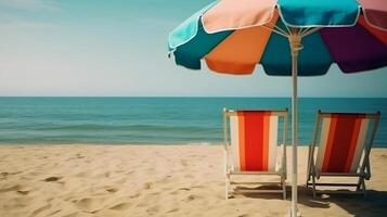 ai generiert Strand Regenschirm mit Stühle auf das Sand Strand - - Sommer- Ferien Thema Header, neural Netzwerk generiert Kunst foto