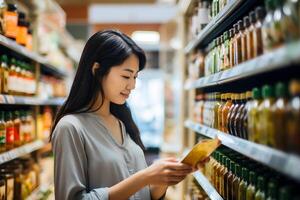ai generiert jung Erwachsene asiatisch Frau wählen ein Produkt im ein Lebensmittelgeschäft speichern. neural Netzwerk generiert fotorealistisch Bild foto
