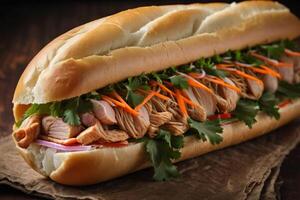 ai generiert Gourmet Vietnamesisch Banh mi auf braun Hintergrund foto