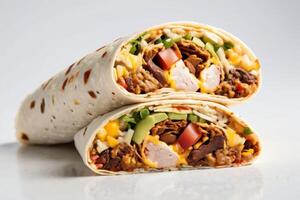 ai generiert schließen oben von zwei Burritos mit Fleisch und Gemüse foto