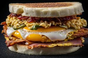 ai generiert Frühstück Sandwich mit Ei auf schwarz Hintergrund foto