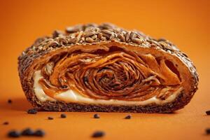 ai generiert Gourmet ausgesät Croissant auf Orange Hintergrund foto