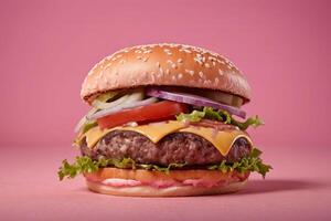 ai generiert klassisch Cheeseburger auf Rosa foto