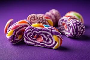 ai generiert wirbelte herum bunt Süßigkeiten auf lila foto