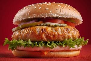 ai generiert Gourmet Hähnchen Burger mit frisch Gemüse auf rot foto
