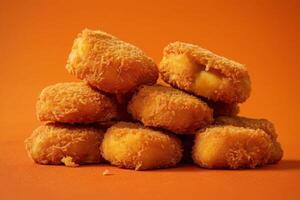 ai generiert Stapel von Hähnchen Nuggets auf Orange foto