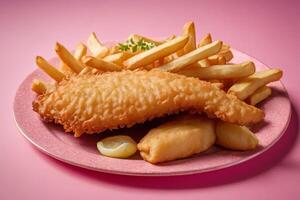 ai generiert klassisch Fisch und Chips mit Zitrone foto