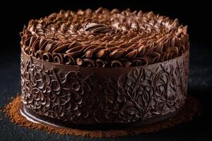 ai generiert luxuriös handgemacht Schokolade Ganache Kuchen foto