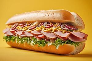 ai generiert geladen sub Sandwich auf Gelb Hintergrund foto