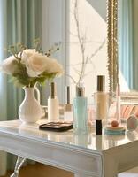 ai generiert dekorativ kosmetisch Lippenstift, Lidschatten auf Dressing Tisch, Spiegel und Blumen, Morgen Licht foto