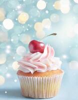 ai generiert Süss Dessert Cupcake dekoriert, Geburtstag Konzept Karte foto