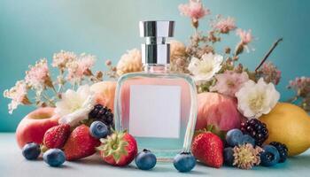 transparent Parfüm Flasche spotten oben mit Blumen, Beeren, Früchte auf Hintergrund foto