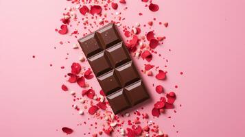 ai generiert Schokolade Bar mit Herzen und Konfetti auf Rosa Hintergrund foto