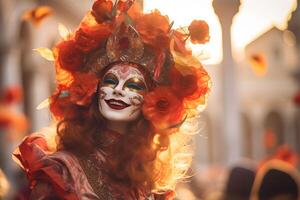 ai generiert schön Nahansicht Porträt von jung Frau im traditionell venezianisch Karneval Maske und Kostüm, Tanzen beim das National Venedig Festival im Italien. foto