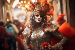 ai generiert schön Nahansicht Porträt von jung Frau im traditionell venezianisch Karneval Maske und Kostüm, beim das National Venedig Festival im Italien. foto
