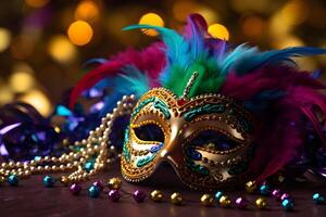 ai generiert bunt traditionell venezianisch Karneval Maske mit Dekoration zum National Venedig Festival im Italien. foto