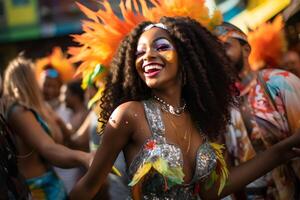 ai generiert schön Nahansicht Porträt von jung Frau im traditionell Samba tanzen Outfit und bilden zum das Brasilianer Karneval. Rio de Janeiro Festival im Brasilien. foto