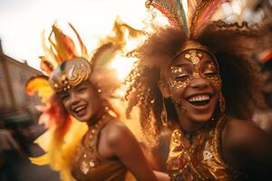 ai generiert schön Nahansicht Porträt von zwei jung Mädchen im traditionell Samba tanzen Outfit und bilden zum das Brasilianer Karneval. Rio de Janeiro Festival im Brasilien. foto