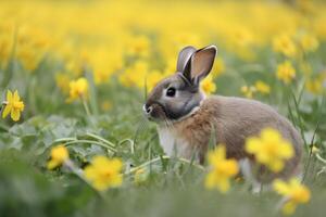 ai generiert süß Hase Sitzung auf Grün Feld, Frühling Wiese mit Gelb Narzisse Blumen, Natur Hintergrund. Ostern Konzept mit Hase. ai generiert. foto