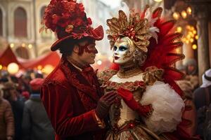 ai generiert schön Nahansicht Porträt von jung Paar im traditionell venezianisch Karneval Maske und Kostüm, Tanzen beim das National Venedig Festival im Italien. foto