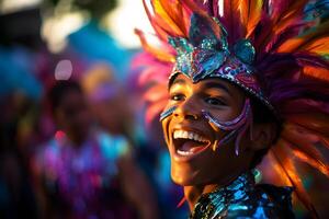 ai generiert schön Nahansicht Porträt von jung Mann im traditionell Samba tanzen Outfit und bilden zum das Brasilianer Karneval. Rio de Janeiro Festival im Brasilien. foto