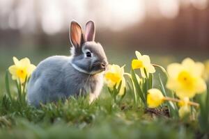 ai generiert süß Hase Sitzung auf Grün Feld, Frühling Wiese mit Gelb Narzisse Blumen, Natur Hintergrund. Ostern Konzept mit Hase. ai generiert. foto