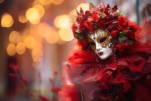 ai generiert schön Nahansicht Porträt von jung Frau im traditionell venezianisch Karneval Maske und Kostüm, beim das National Venedig Festival im Italien. foto