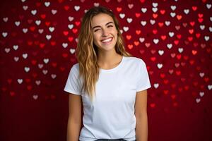 ai generiert jung Frau tragen Bella Segeltuch Weiß Hemd Attrappe, Lehrmodell, Simulation, beim rot Herzen Hintergrund. Valentinsgrüße Tag Design T-Shirt Vorlage, drucken Präsentation. foto