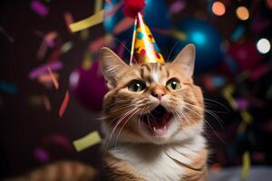 ai generiert glücklich süß Katze im ein Party Hut genießt und feiert ein Geburtstag umgeben durch fallen Konfetti. Haustier Geburtstag Konzept auf hell Hintergrund. foto