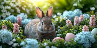 ai generiert Ostern Hase mit Frühling Blumen und bunt gemalt Ostern Eier auf Natur, Feld Hintergrund. Urlaub Banner Konzept, süß Hase mit festlich Dekoration. foto