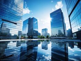 ai generiert reflektierend Wolkenkratzer, Geschäft Büro Gebäude. Geschäft die Architektur Fenster Stadt modern foto